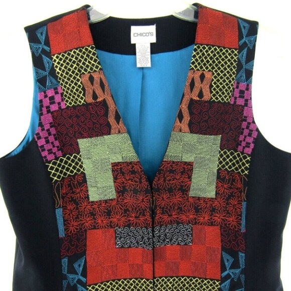 Chicos Embroidered Patchwork Vest Size S Art To Wear Boho Pockets Multicolor - Picture 2 of 13